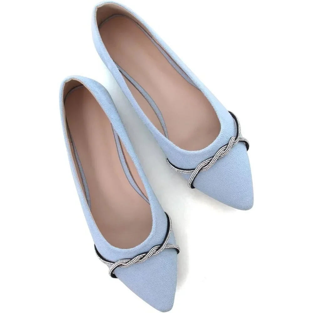 Women's Sky Blue Casual Flats Fashion Chain Pointed Toe Ballet Flat Rhinestone
